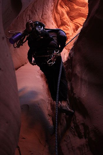 rappelling in blue john canyon